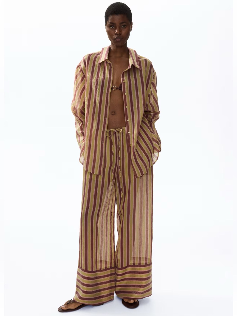 H&M NWT DARK BEIGE BURGUNDY STRIPPED OVERSIZED LYOCELL-BLEND SHIRT